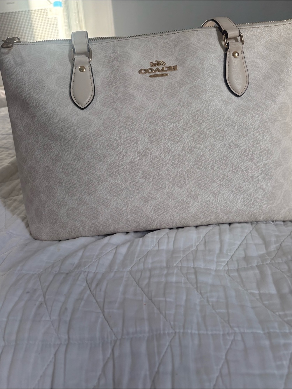 Coach Cream Signature Canvas Tote with Front Zip